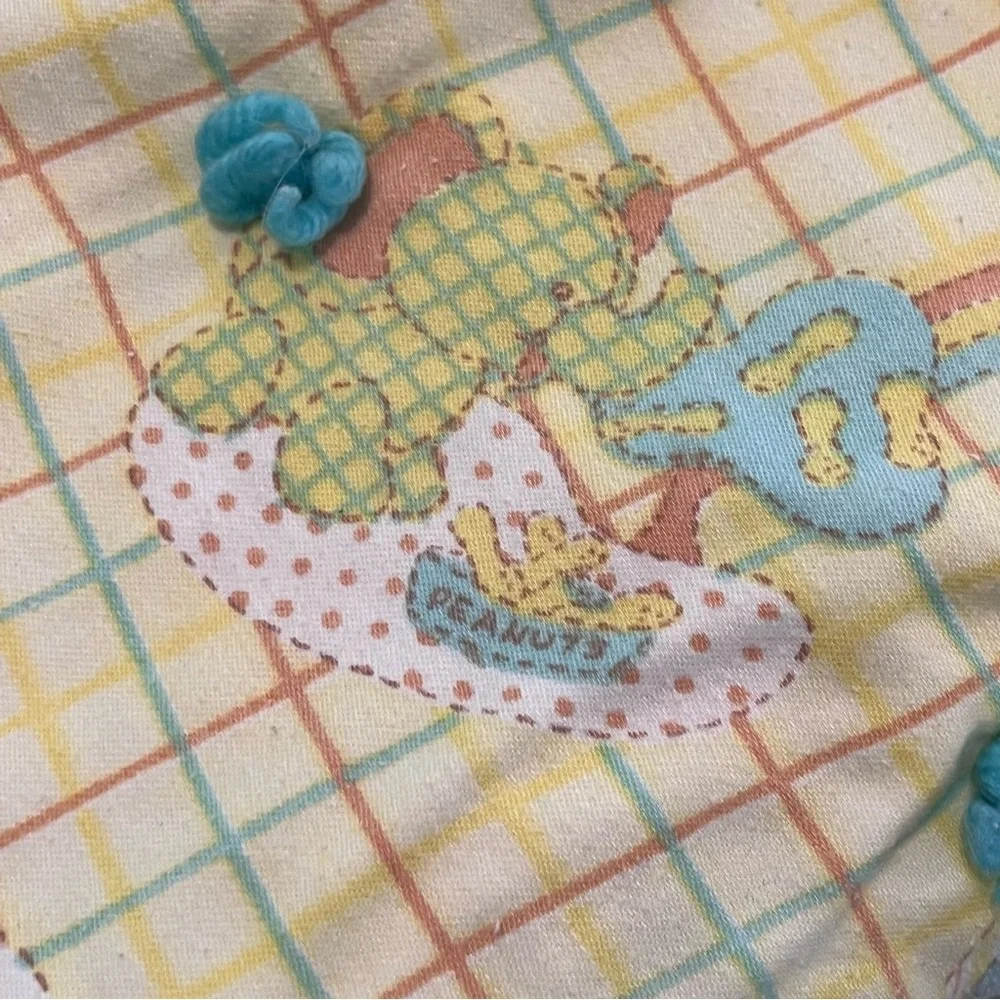 Vintage Baby Quilt Reversible Animal Grid‎ Floral Blue Yarn Tied Nursery Blanket